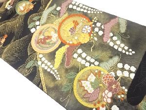 引箔丸文に蝶・松・藤・梅模様織出し袋帯